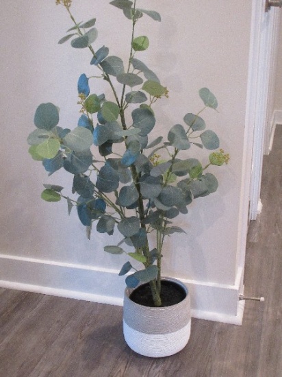 Floral Silk 3.44ft Eucalyptus Plant in 6.7" White & Gray Ridged Jardiniere Planter- Pd $60 for Plant