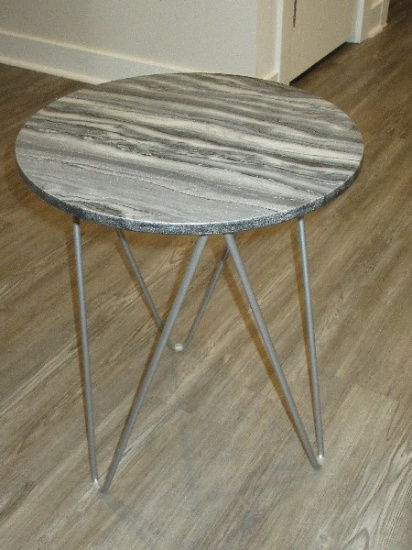 Modern Minimalist 16" Round Silver Wave Marble Top on Hairpin Legs Side Table 21"H
