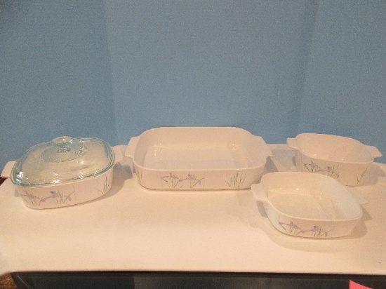 5pcs Collectible Corningware Shadow Iris Pattern Casserole Dishes Baking Dishes Circa 1986-93