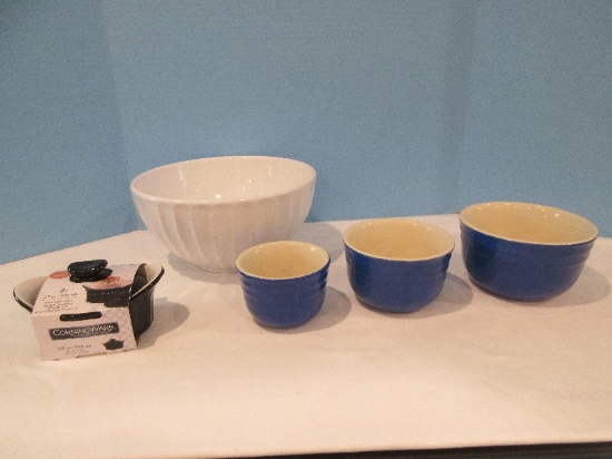 Lot Set of 3 Vintage Oxford Stoneware Nesting Bowls Cobalt Blue Exterior Cream Interior