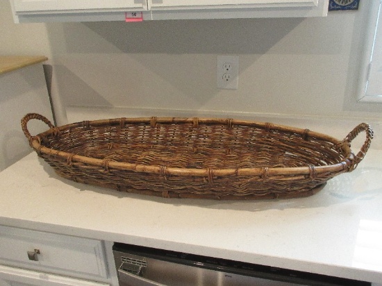Large Rustic Rattan Oval Basket Braided Handles Great Decorative Piece, Approx 38" x 16 1/2"