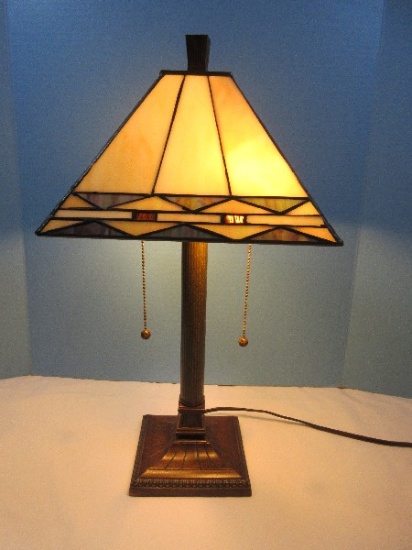 Exquisite Tiffany-Style Mission Design 22" Table Lamp Double Pull Chains, Diamond Band Pattern