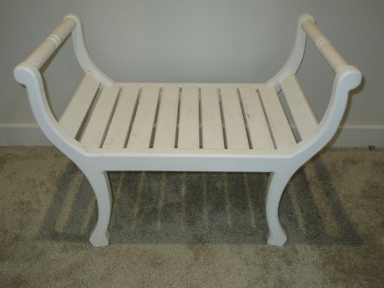 Painted White Wooden traditional Roman Style Vanity Bench Slatted Seat & Gracefully Curved