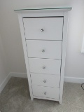 Contemporary Modern White Finish Tallboy Narrow 5 Drawer Chest w/Protective Glass Top
