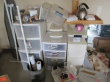 Lot Sterilite Storage Slide Out Drawers, Dish Drying Wire Rack, Kitchen Towels, Light Bulbs,