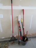 Lot Yard Tools, Rake, Bamboo Stakes, Grandpa's Weeder, Hedge Trimmer etc.