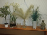 Lot Decorative Faux Plants, Glass Antiqued Patina Bottle, Feathery  Plumes etc.