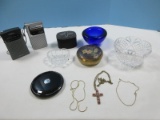 Lot Cobalt Blue Studio Art Glass Bowl Brass Round Trinket Box Enamel Oriental Design, Crystal