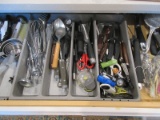 Lot Misc Kitchen Utensils, Drawer Organizer, Bottle Caps, Knives, Wine Bottle Opener, Ice Scoop