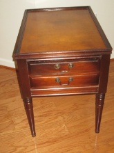 Georgian Style Mahogany Single Drawer End Table Inset Leather Top Bail Handle Drop Pulls on