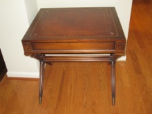 Military Campaign Style Accent Table Leather Inlaid Top Embossed X Frame Trestle Base Reed