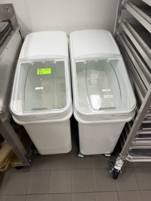 (2) Baker's Lane White Slant Top Mobile Ingredient Storage Bins