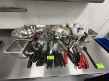 Large Lot of Small Wares, Stainless Steel Mixing Bowls, Ladles, Pie Servers, Etc.
