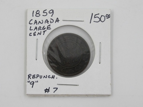 Canadian Large Cent Repunched 9 Over 8 1859