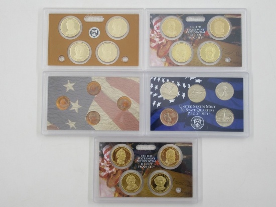 Lot of (5) Assorted US Proof Sets Dollars Quarters