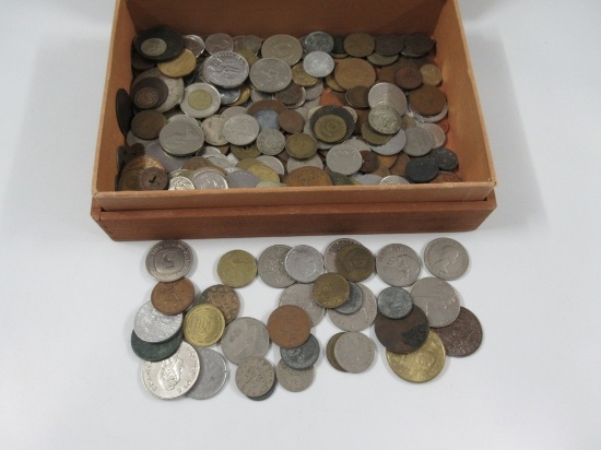 Wooden Box of Foreign Coins