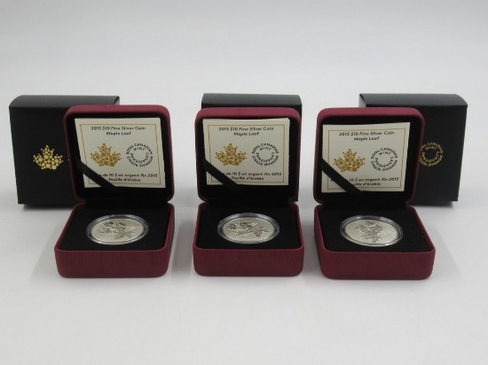 Lot of (3) 2015 Canada $10 Fine Silver Coins - Maple Leaf