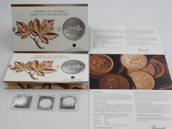 Lot of (3) 2012 Canada $20 Fine Silver Farewell to the Penny Coins
