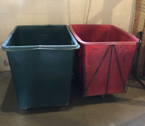 Two plastic utility carts. Green 42” x 31” x 30”.