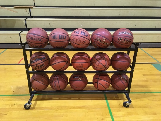 15 basketballs on rolling rack.