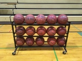 15 basketballs on rolling rack.