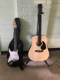 One acoustic and one electric guitar .