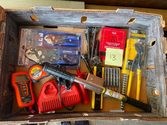 Box of tools including new Klein pump plyers and Kobalt vice grips