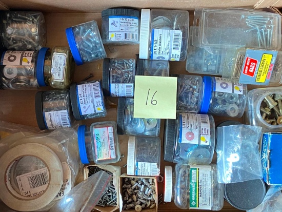 Box of hardware including screws and washers