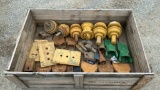 Crate of Assorted Bucket Teeth, Track Rollers,