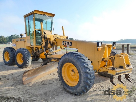 1988 Deere 570B Motor Grader, S/N DW570BX516542RG, Scarifier, 12" Moldboard, Meter Reads 1,549 Hours