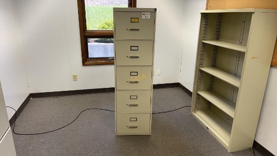 Five Drawer Filing Cabinet and Metal Book Shelf,
