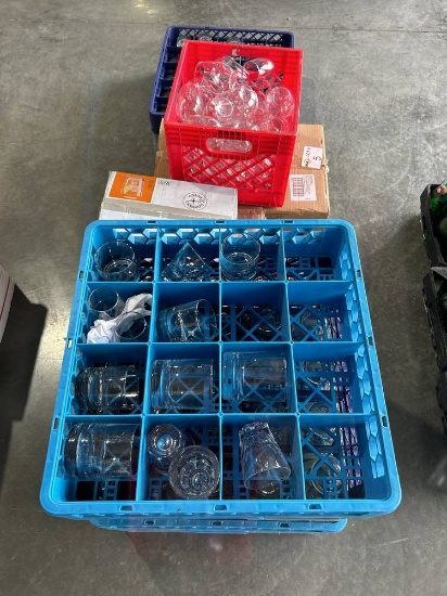 Assorted Glass/Plastic Cups, (8) Plastic Wash Racks