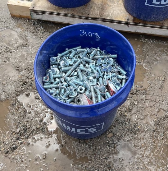 Bucket of Assorted Scaffolding Bolts and Parts