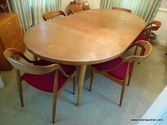 (DR) DANISH-MODERN DINING ROOM TABLE. HAS 2 LEAVES AND 6 DINING CHAIRS. LEAVES ARE 19'' WIDE EACH.