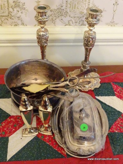 (DR) MISC. LOT OF SILVER-PLATE. INCLUDES A BUTTER DISH, 2 CANDLE STICK HOLDERS 10.5'' TALL, CAKE