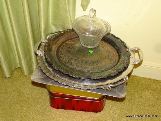 (DR) MISC. LOT THAT INCLUDES A JOHNSON BROTHERS IRONSTONE SERVING PLATTER, A BRASS HUNT SCENE TRAY