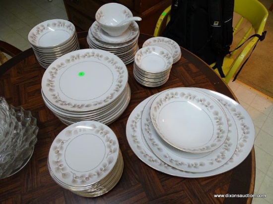 (DR) SERVICE FOR 12 OF MIKASA CHINA IN THE TAHOE PINE PATTERN. INCLUDES 12 DINNER PLATES, 12 SALAD