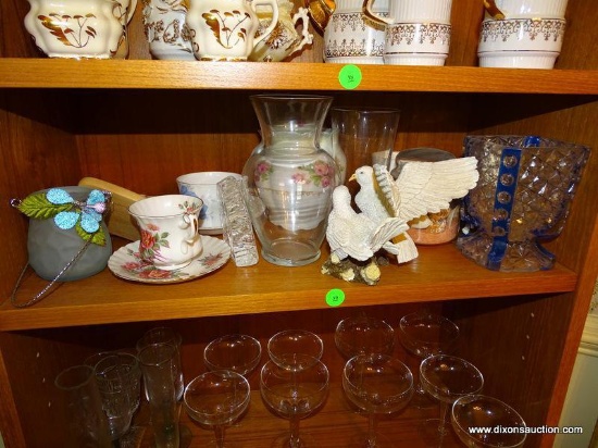 (DR) SHELF LOT THAT INCLUDES A ROYAL ALBERT TEA CUP AND SAUCER, A PRESSED GLASS AND BLUE PAINTED