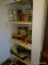 (DR) CLOSET SHELF LOT TO INCLUDE, COFFEE DECANTERS, FLORAL VASES, MIDCENTURY DRINK MIXER W/ RECIPES
