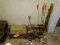 (WRB) TACKLE BOX W/ ARROWS AND BROAD HEADS, ARM GUARDS, FLY FISHING REEL, ETC.