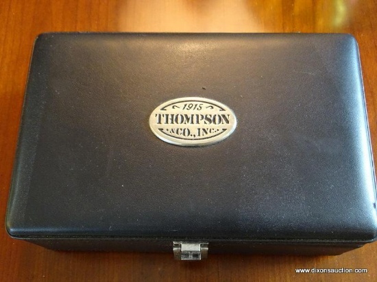 (FR) CIGAR HUMIDOR, THOMSON AND CO., INCLUDES CIGAR PUNCH, CIGAR CUTTER, 6''L 6 1/2''W 3.75''H