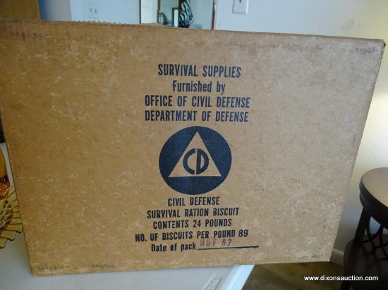 (FR) SURVIVAL SUPPLIES CASE 24 LBS. BISCUIT MIX FROM CIVIL DEFENSE, MAKES 89 PER LBS., DATED 1962