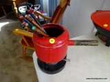(K) RED FONDUE POT, ON STAND W/ 6 FORKS
