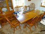 (DR)DOUBLE PEDESTAL OAK TABLE W/ BALL AND CLAW FEET, 4 SIDE CHAIRS, 2 ARM CHAIRS, TABLE HAS ONE
