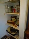 (DR) CLOSET SHELF LOT TO INCLUDE, COFFEE DECANTERS, FLORAL VASES, MIDCENTURY DRINK MIXER W/ RECIPES