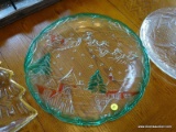 (DR) 3 CHRISTMAS SERVING PLATES, RED AND GREEN CHARGER, 15''D, CLEAR 13'' SERVING PLATTER, GOLD