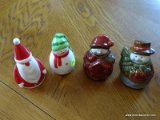 (DR) TWO SETS OF CHRISTMAS SALT AND PEPPER SHAKERS, SANTA, AND 3 SNOWMEN