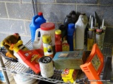 (GAR) LOT ON 3 SHELF OF #319, MICRONTA TESTER, CHEMICALS, STANLEY PANEL CARRY TOOL, CONCRETE TOOLS,