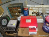 (GAR) TOP OF #345, TE-617 TACH-DWELL-VOLT METER, MISC. HARDWARE, TWO SMALL WOOD CLAMPS, ETC.