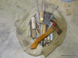 (GAR) TOOL BAG AND CONTENTS, HAND AXE, FINISHING TOOL, HAMMER, AND MORE